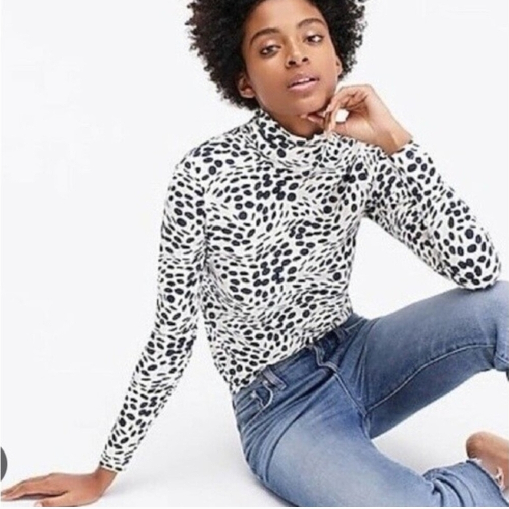 J Crew Cotton Tissue Turtleneck Navy On Ivory Elliptical Polka Dots